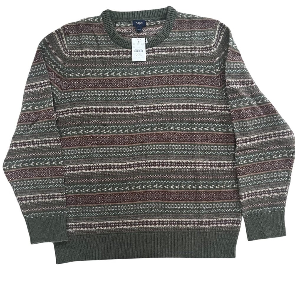 J. Crew Men's Fair Isle Sweater Supersoft Lambswool-Blend Large Olive Rust NWT .